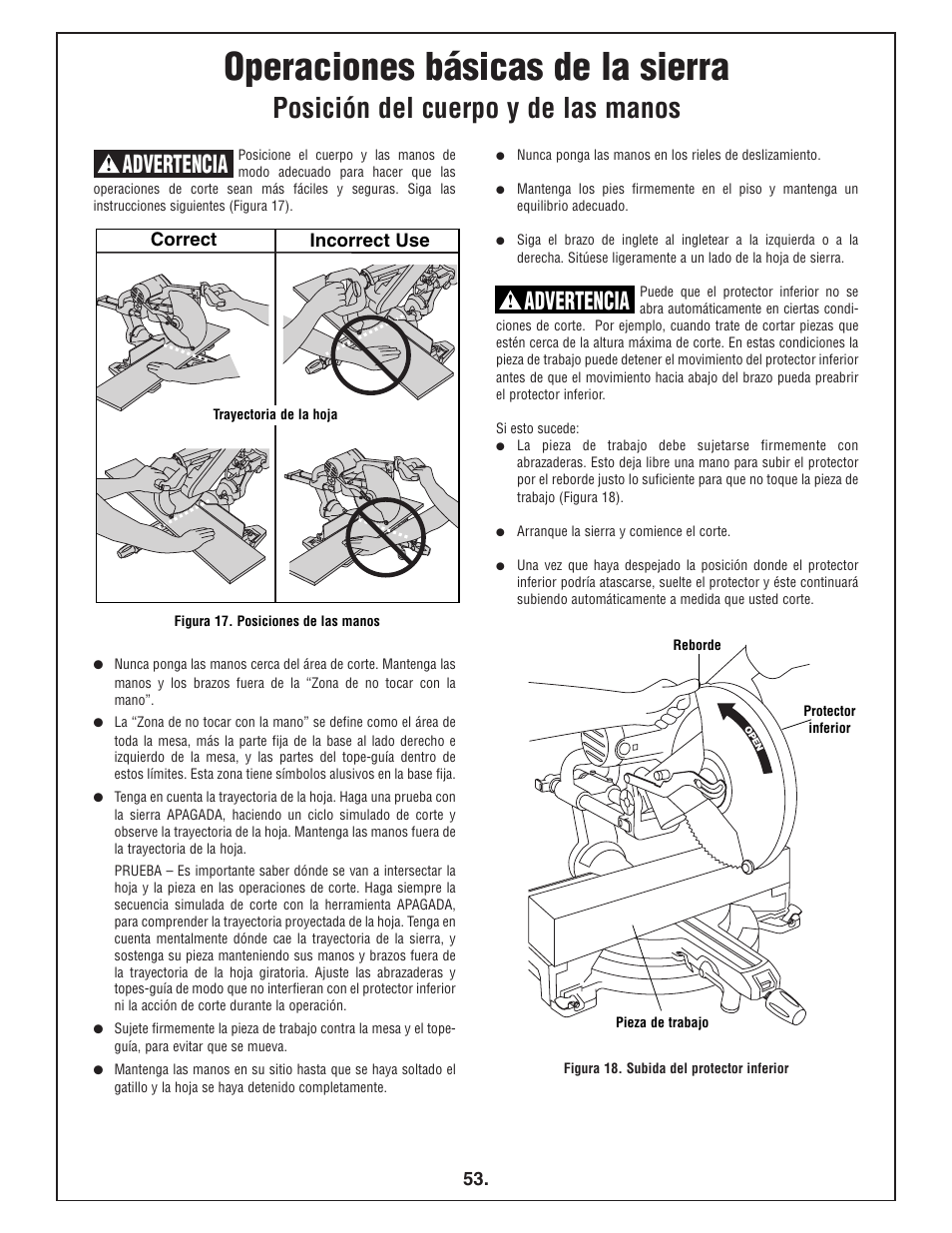 Operaciones básicas de la sierra, Posición del cuerpo y de las manos, Advertencia | Correct incorrect use | Bosch 4412 User Manual | Page 53 / 104