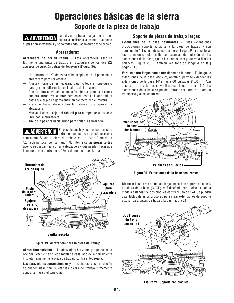 Operaciones básicas de la sierra, Soporte de la pieza de trabajo, Advertencia | Bosch 4412 User Manual | Page 54 / 104