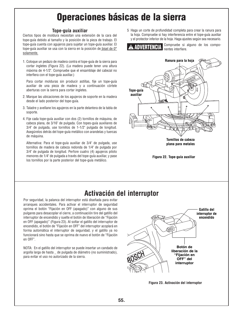 Operaciones básicas de la sierra, Activación del interruptor, Advertencia | Bosch 4412 User Manual | Page 55 / 104