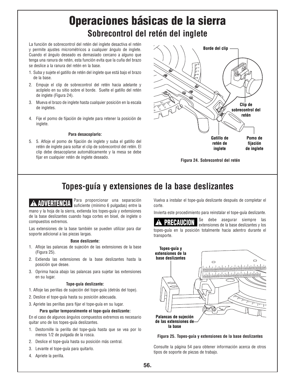 Operaciones básicas de la sierra, Sobrecontrol del retén del inglete, Topes-guía y extensiones de la base deslizantes | Advertencia, Precaucion | Bosch 4412 User Manual | Page 56 / 104