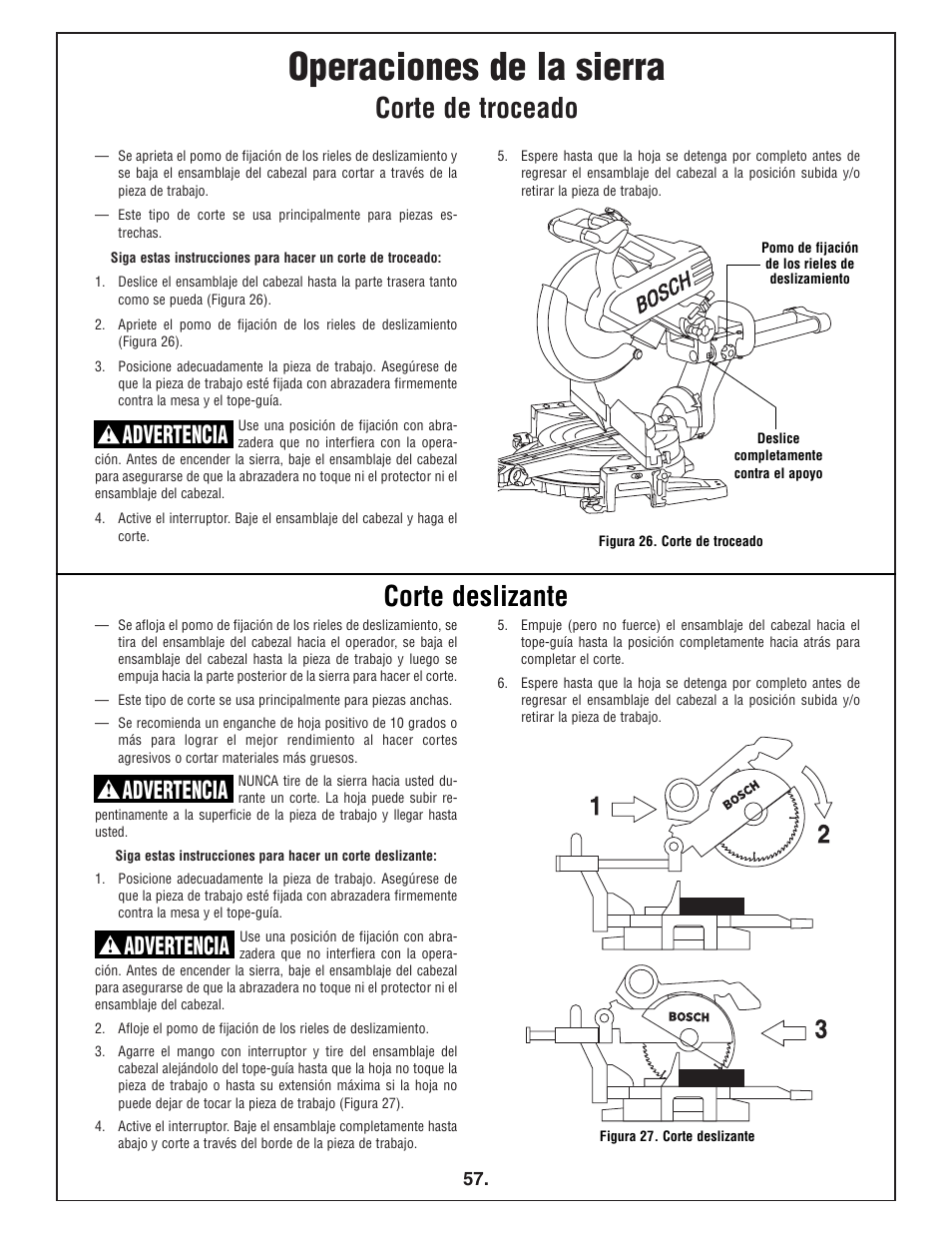 Operaciones de la sierra, Corte de troceado, Corte deslizante | Advertencia | Bosch 4412 User Manual | Page 57 / 104