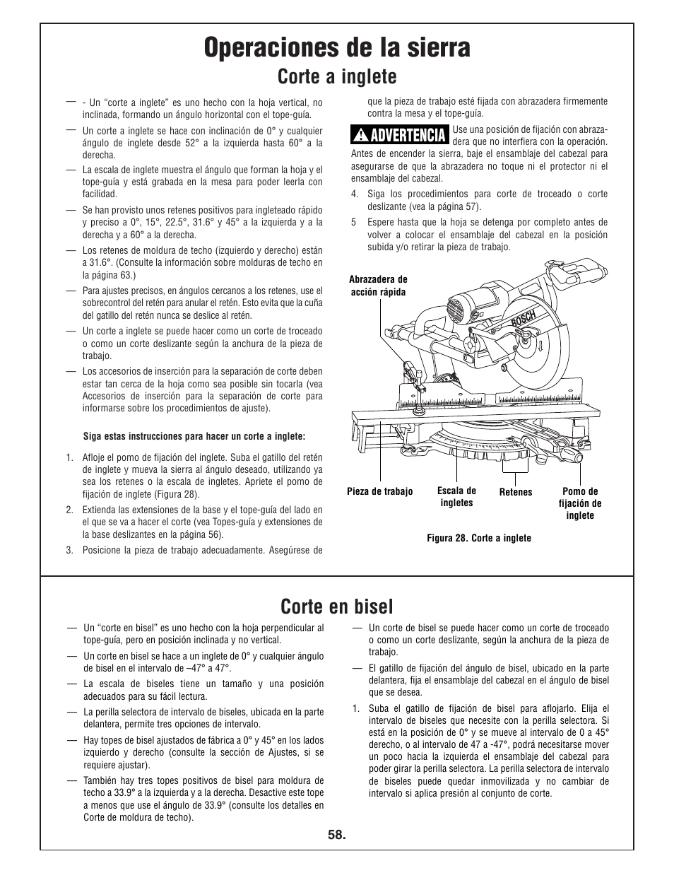 Operaciones de la sierra, Corte a inglete corte en bisel, Advertencia | Bosch 4412 User Manual | Page 58 / 104