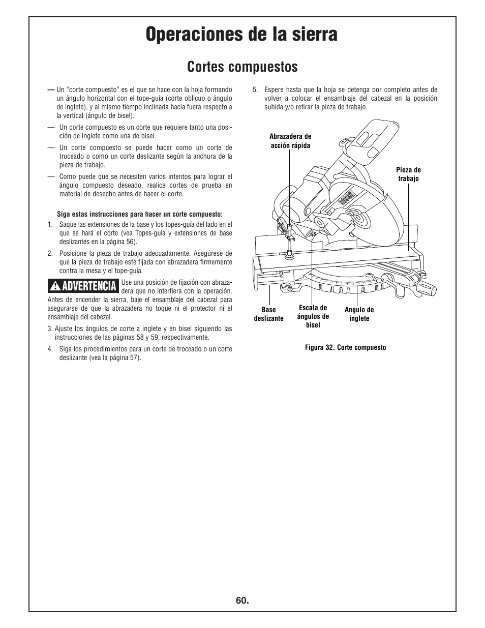 Operaciones de la sierra, Cortes compuestos, Advertencia | Bosch 4412 User Manual | Page 60 / 104