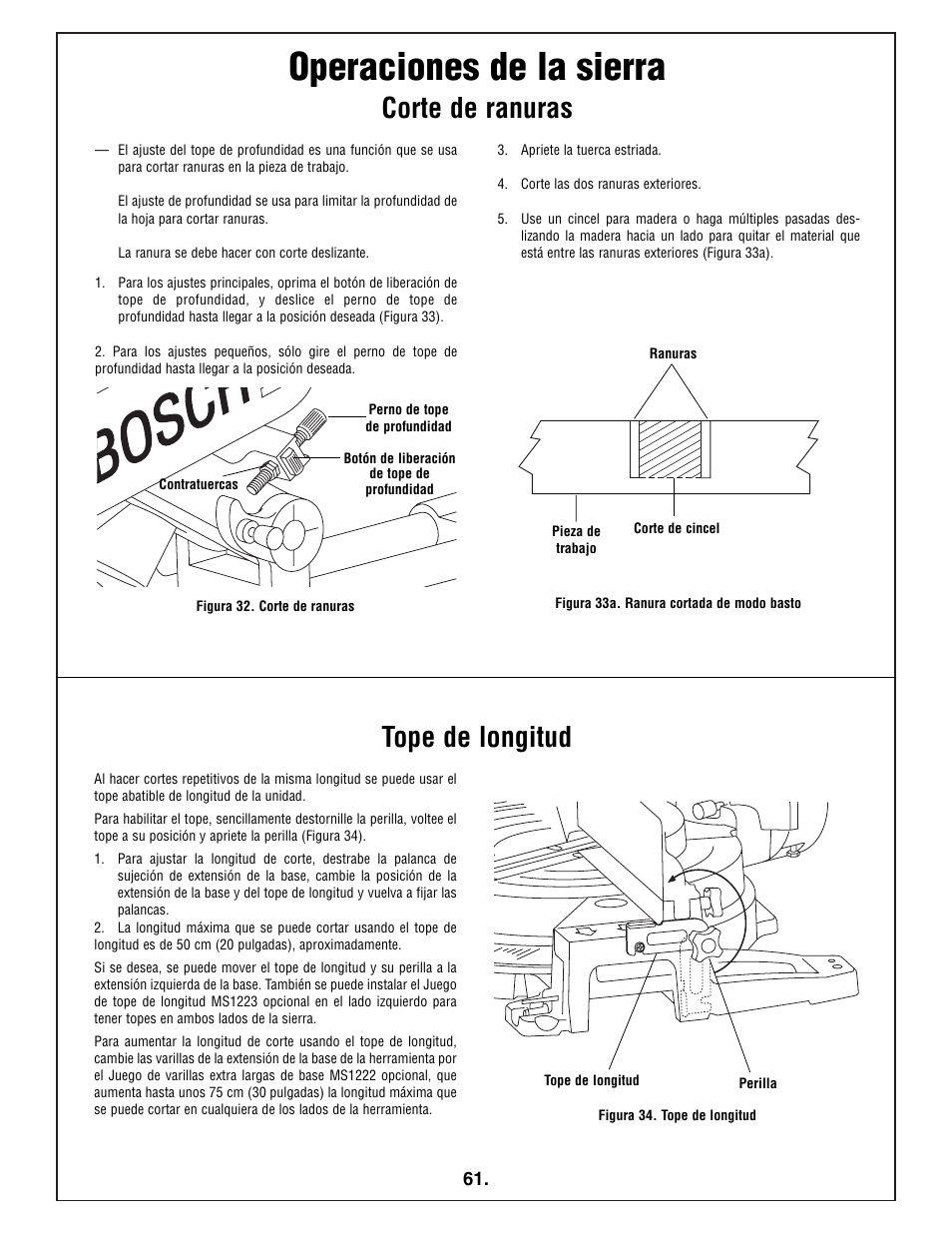 Operaciones de la sierra, Corte de ranuras, Tope de longitud | Bosch 4412 User Manual | Page 61 / 104