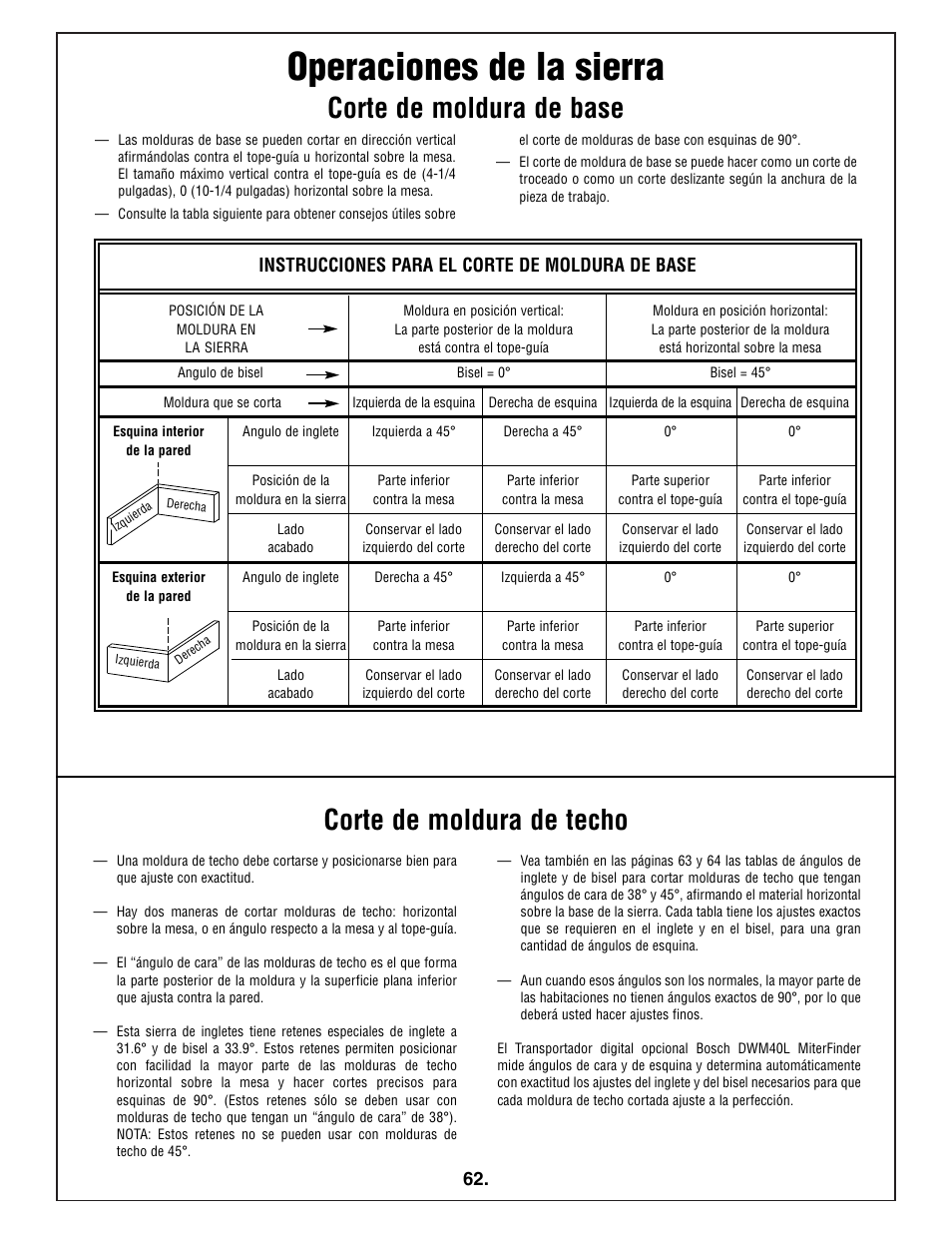 Operaciones de la sierra, Corte de moldura de base, Corte de moldura de techo | Instrucciones para el corte de moldura de base | Bosch 4412 User Manual | Page 62 / 104