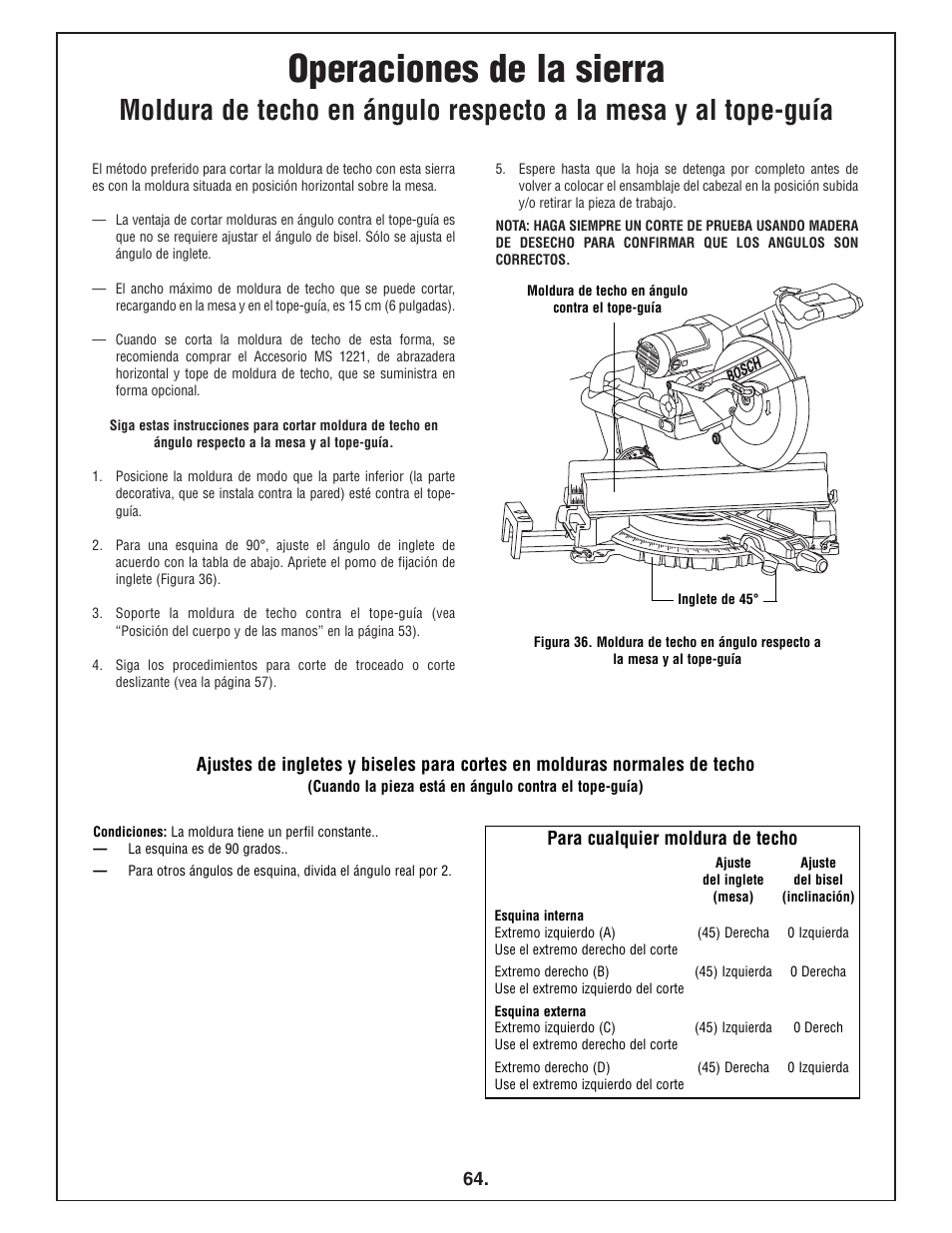 Operaciones de la sierra | Bosch 4412 User Manual | Page 64 / 104