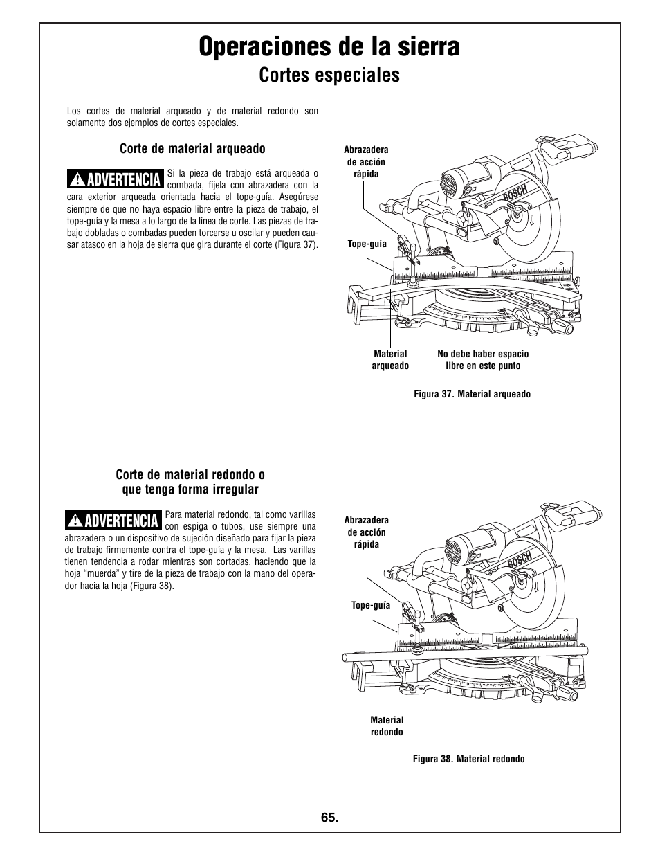 Operaciones de la sierra, Cortes especiales, Advertencia | Bosch 4412 User Manual | Page 65 / 104