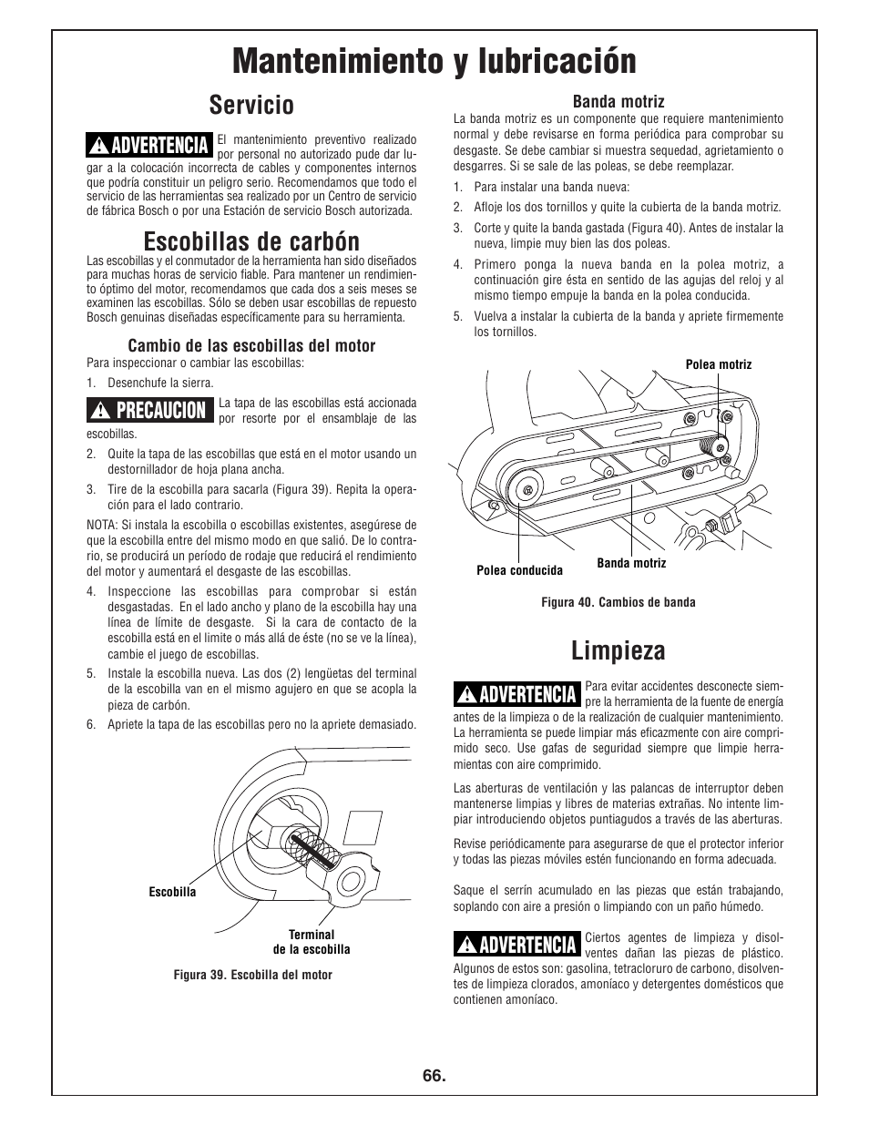 Mantenimiento y lubricación, Servicio, Escobillas de carbón | Limpieza, Precaucion, Advertencia | Bosch 4412 User Manual | Page 66 / 104