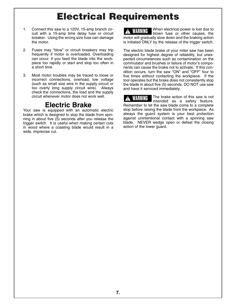 Electrical requirements, Electric brake, Warning | Bosch 4412 User Manual | Page 7 / 104