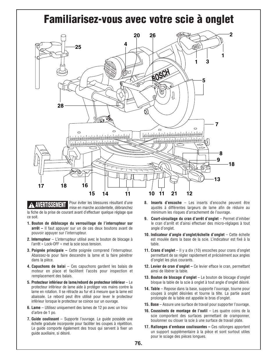 Familiarisez-vous avec votre scie à onglet, Avertissement | Bosch 4412 User Manual | Page 76 / 104