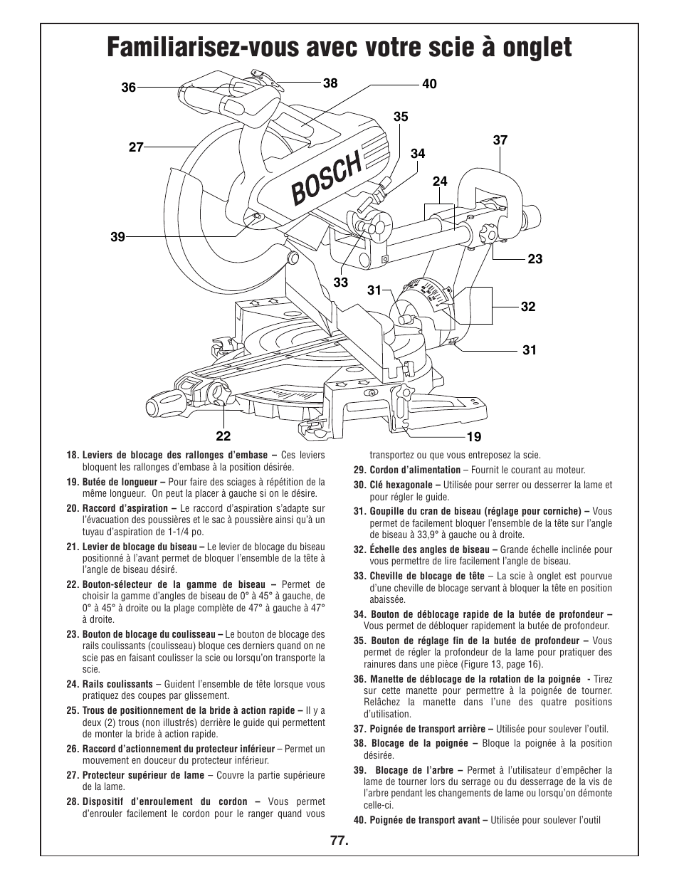 Familiarisez-vous avec votre scie à onglet | Bosch 4412 User Manual | Page 77 / 104