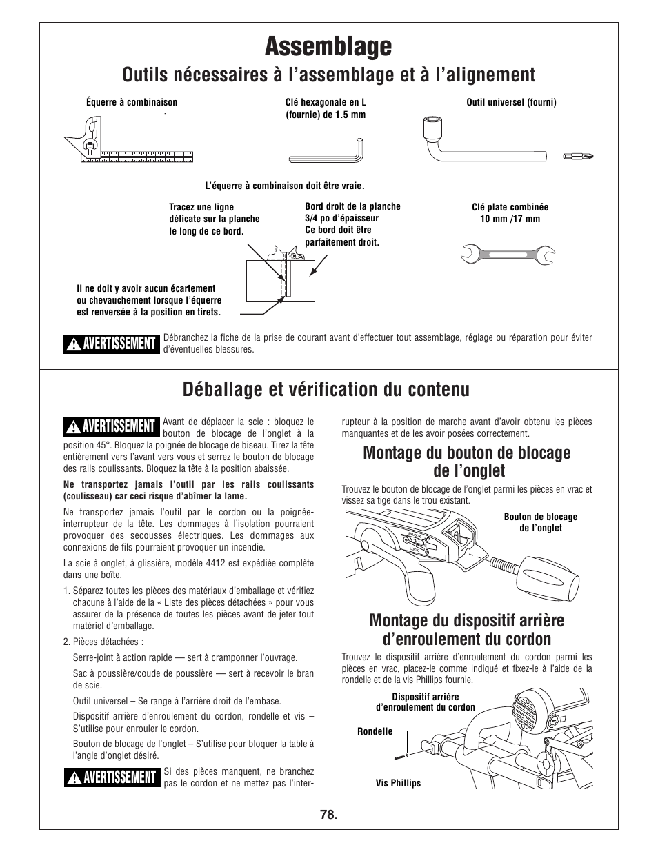 Assemblage, Déballage et vérification du contenu, Montage du bouton de blocage de l’onglet | Avertissement | Bosch 4412 User Manual | Page 78 / 104