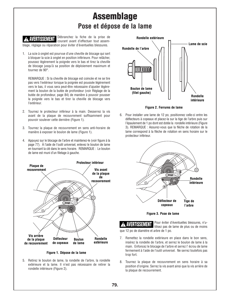 Assemblage, Pose et dépose de la lame, Avertissement | Bosch 4412 User Manual | Page 79 / 104