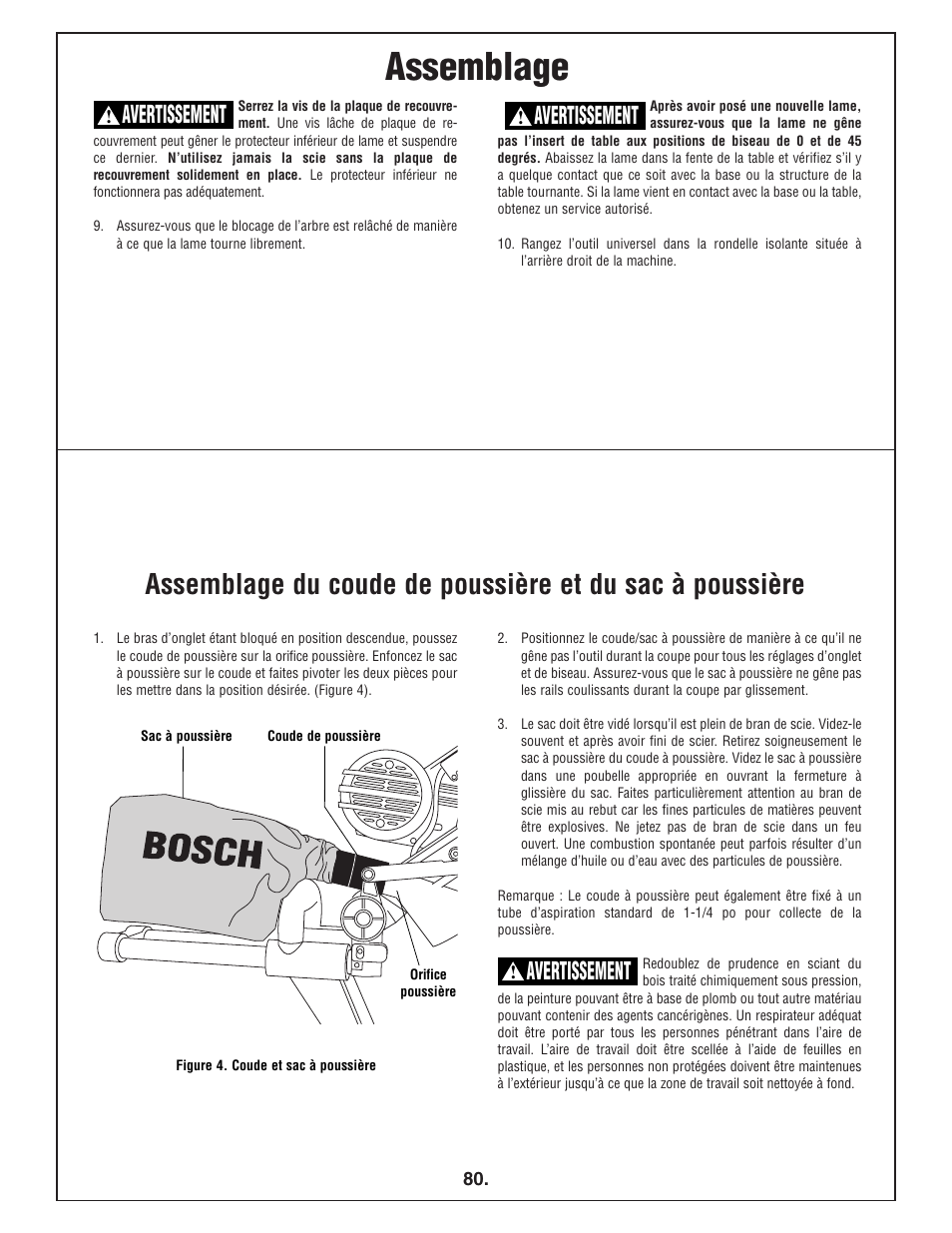 Assemblage, Avertissement | Bosch 4412 User Manual | Page 80 / 104