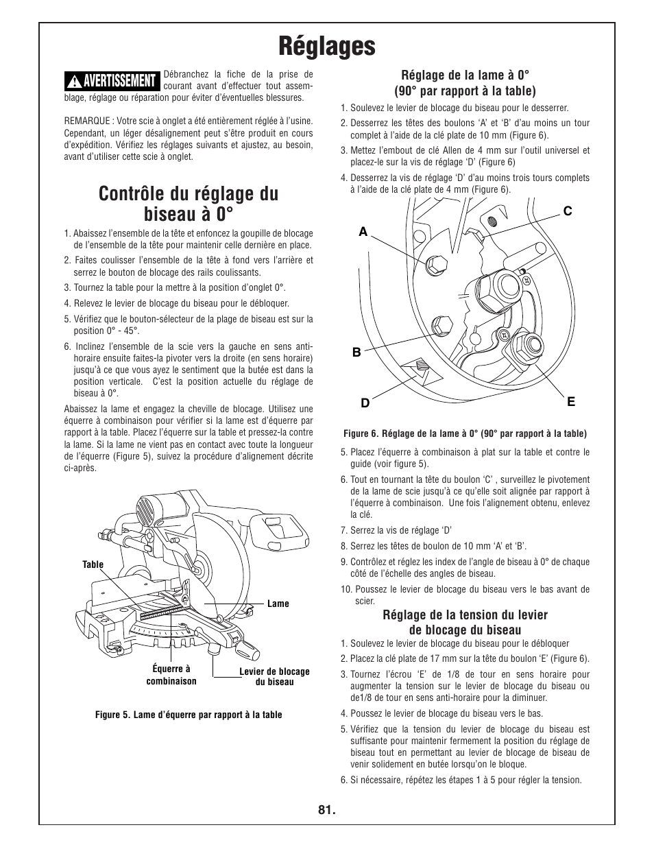 Réglages, Contrôle du réglage du biseau à 0, Avertissement | Bosch 4412 User Manual | Page 81 / 104