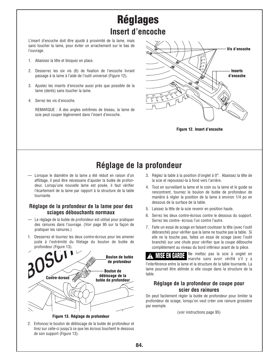 Réglages, Insert d’encoche réglage de la profondeur, Mise en garde | Bosch 4412 User Manual | Page 84 / 104