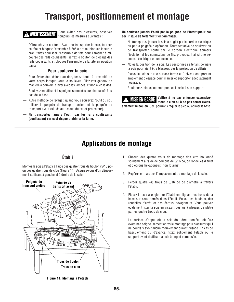 Transport, positionnement et montage, Applications de montage, Avertissement | Mise en garde | Bosch 4412 User Manual | Page 85 / 104