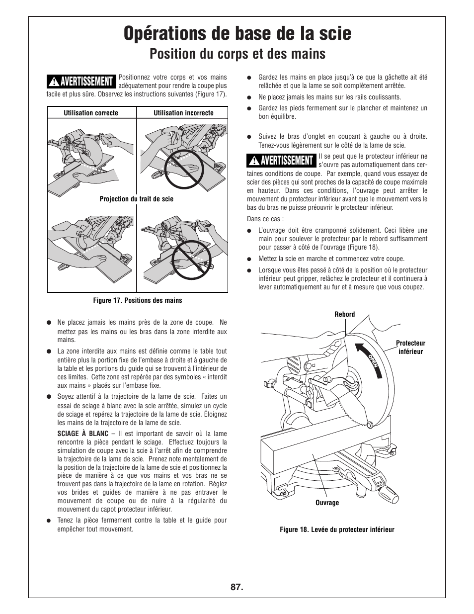 Opérations de base de la scie, Position du corps et des mains, Avertissement | Bosch 4412 User Manual | Page 87 / 104