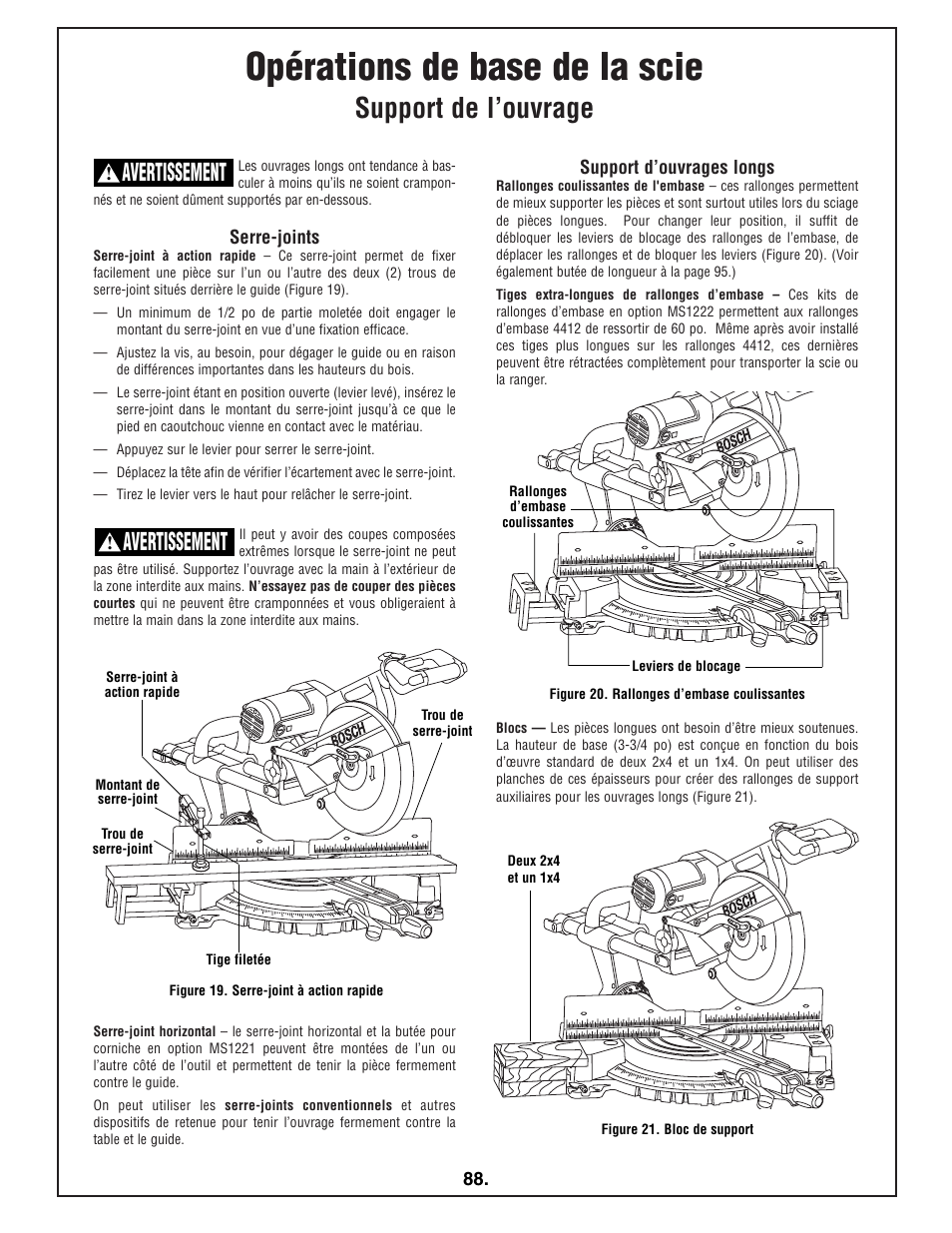 Opérations de base de la scie, Support de l’ouvrage, Avertissement | Bosch 4412 User Manual | Page 88 / 104