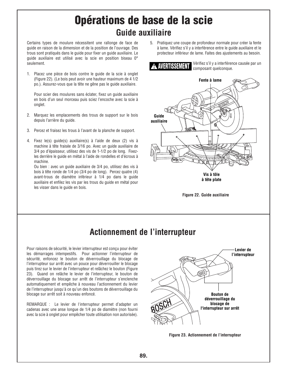 Opérations de base de la scie, Guide auxiliaire, Actionnement de l’interrupteur | Avertissement | Bosch 4412 User Manual | Page 89 / 104