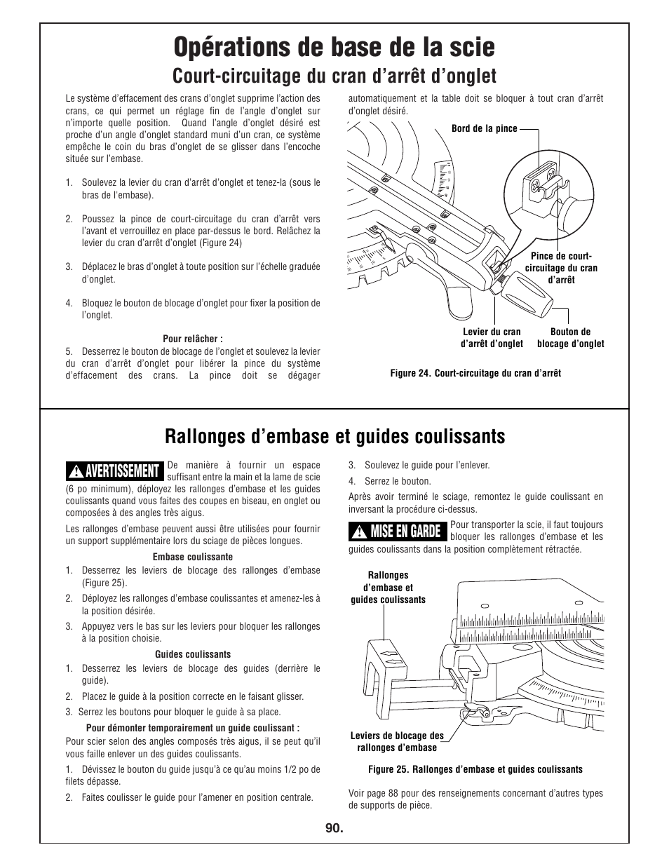 Opérations de base de la scie, Court-circuitage du cran d’arrêt d’onglet, Rallonges d’embase et guides coulissants | Avertissement, Mise en garde | Bosch 4412 User Manual | Page 90 / 104