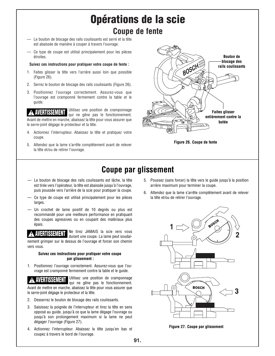 Opérations de la scie, Coupe de fente coupe par glissement, Avertissement | Bosch 4412 User Manual | Page 91 / 104