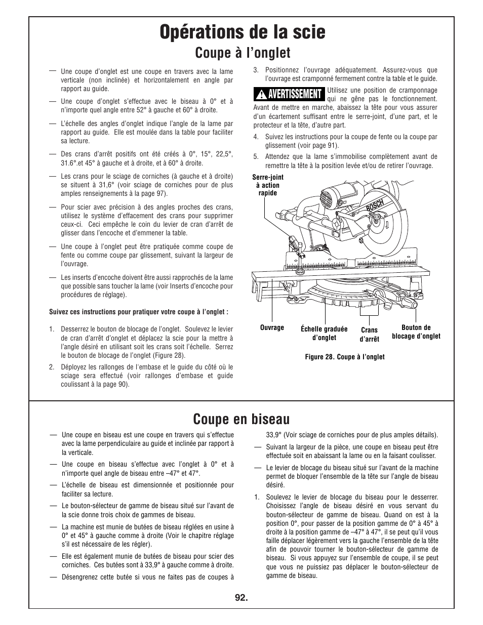 Opérations de la scie, Coupe à l’onglet coupe en biseau, Avertissement | Bosch 4412 User Manual | Page 92 / 104