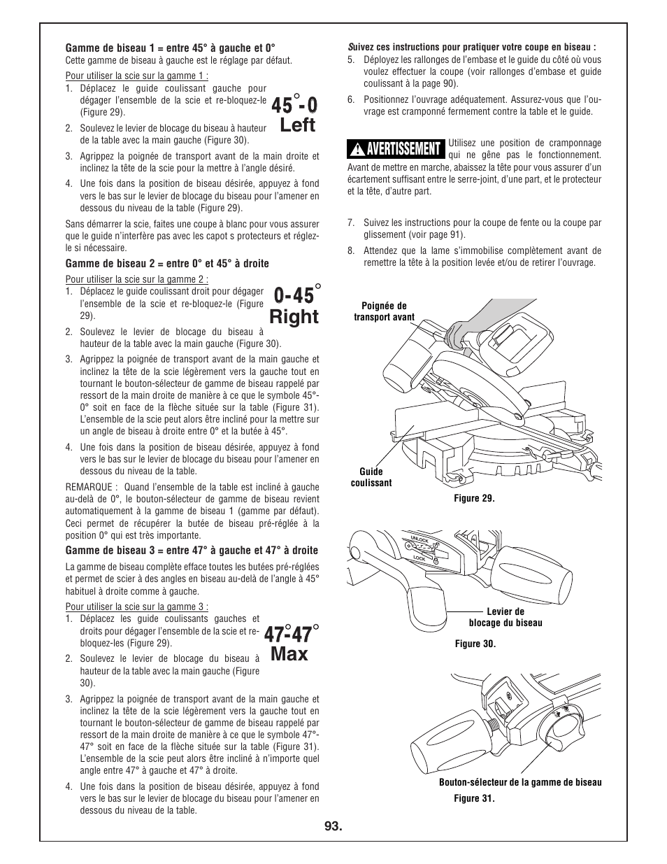 Left, Right, Avertissement | Bosch 4412 User Manual | Page 93 / 104