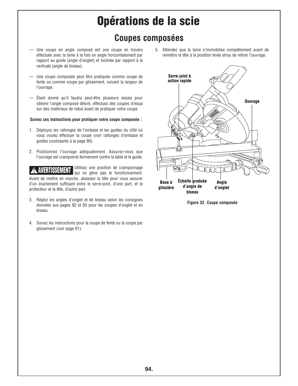 Opérations de la scie, Coupes composées, Avertissement | Bosch 4412 User Manual | Page 94 / 104