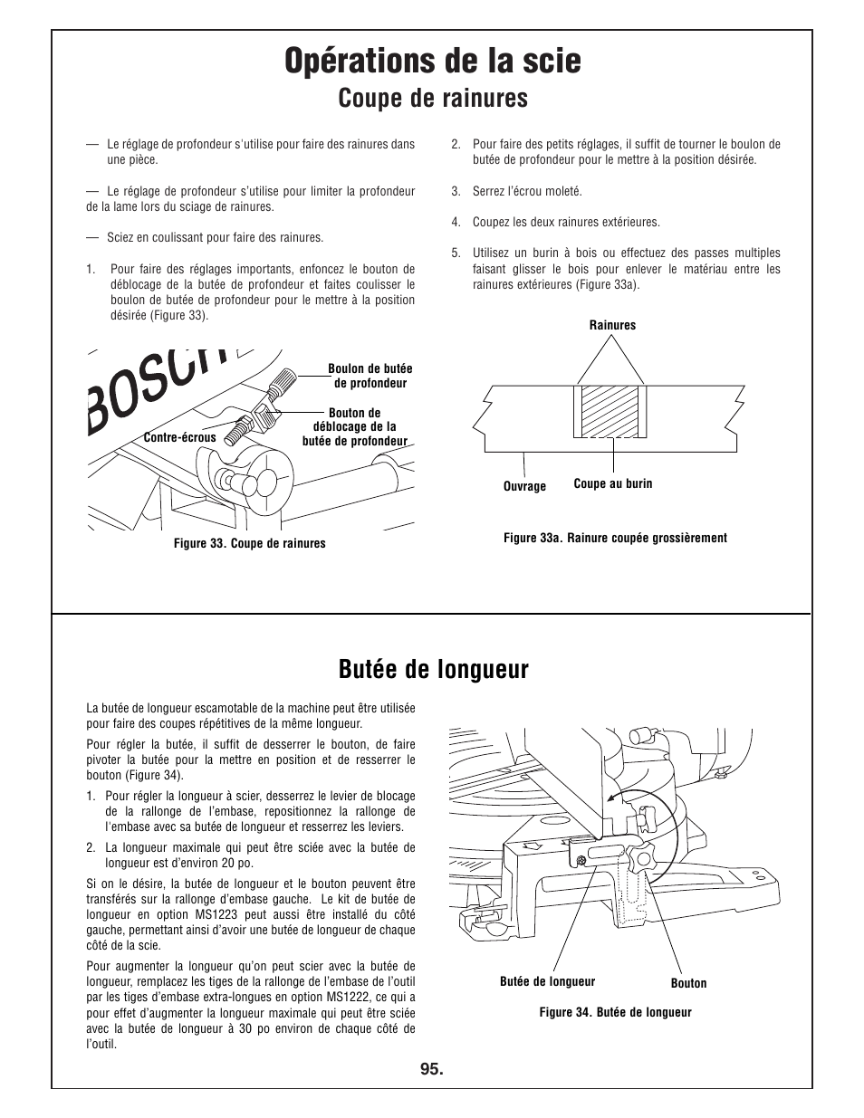 Opérations de la scie, Coupe de rainures, Butée de longueur | Bosch 4412 User Manual | Page 95 / 104