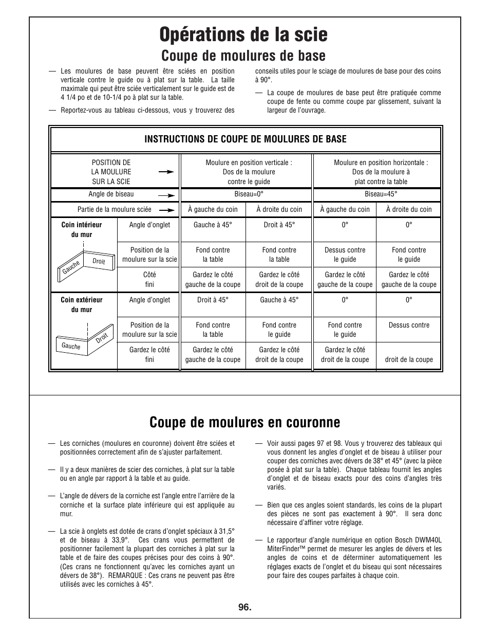 Opérations de la scie, Coupe de moulures de base, Coupe de moulures en couronne | Instructions de coupe de moulures de base | Bosch 4412 User Manual | Page 96 / 104