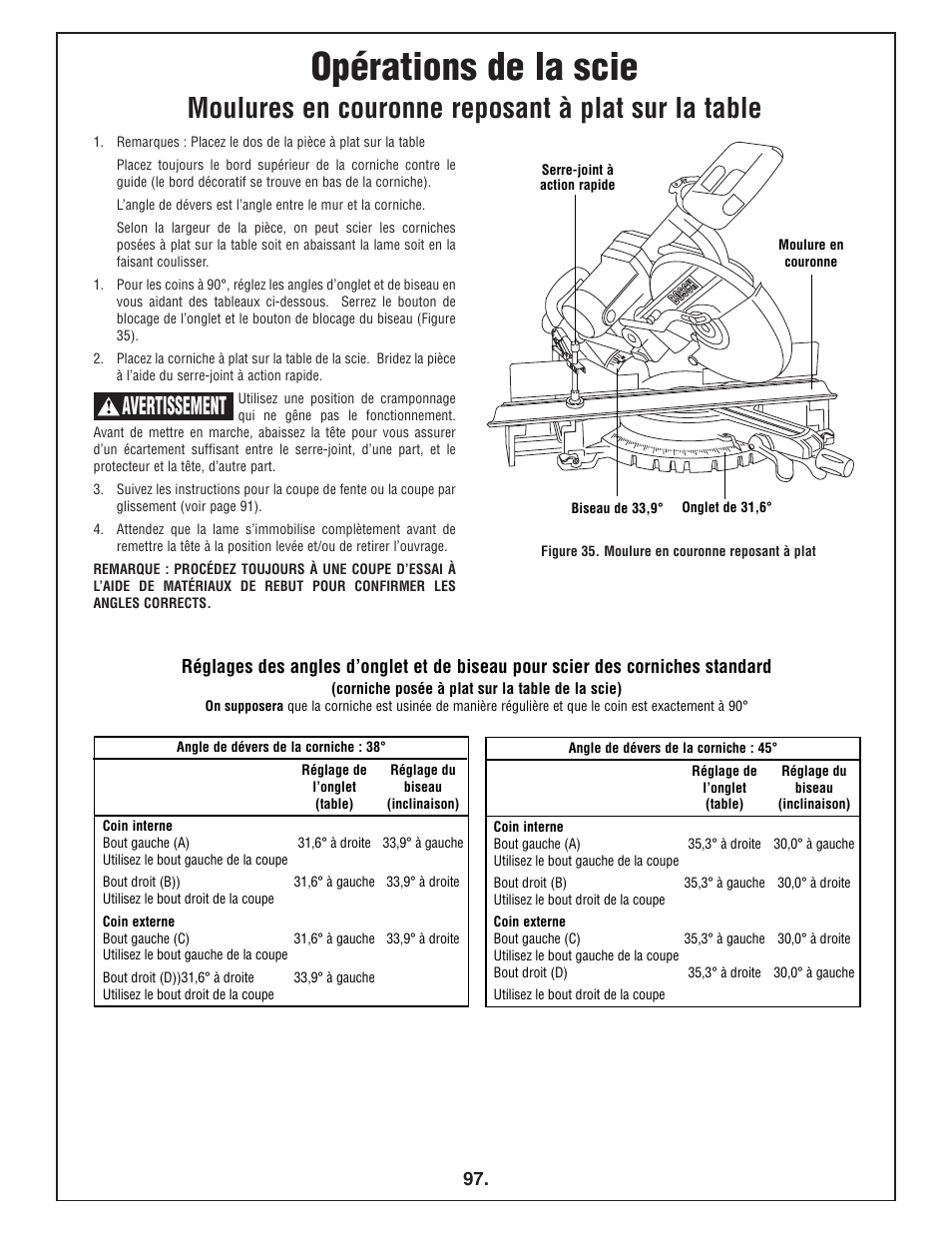 Opérations de la scie, Moulures en couronne reposant à plat sur la table, Avertissement | Bosch 4412 User Manual | Page 97 / 104