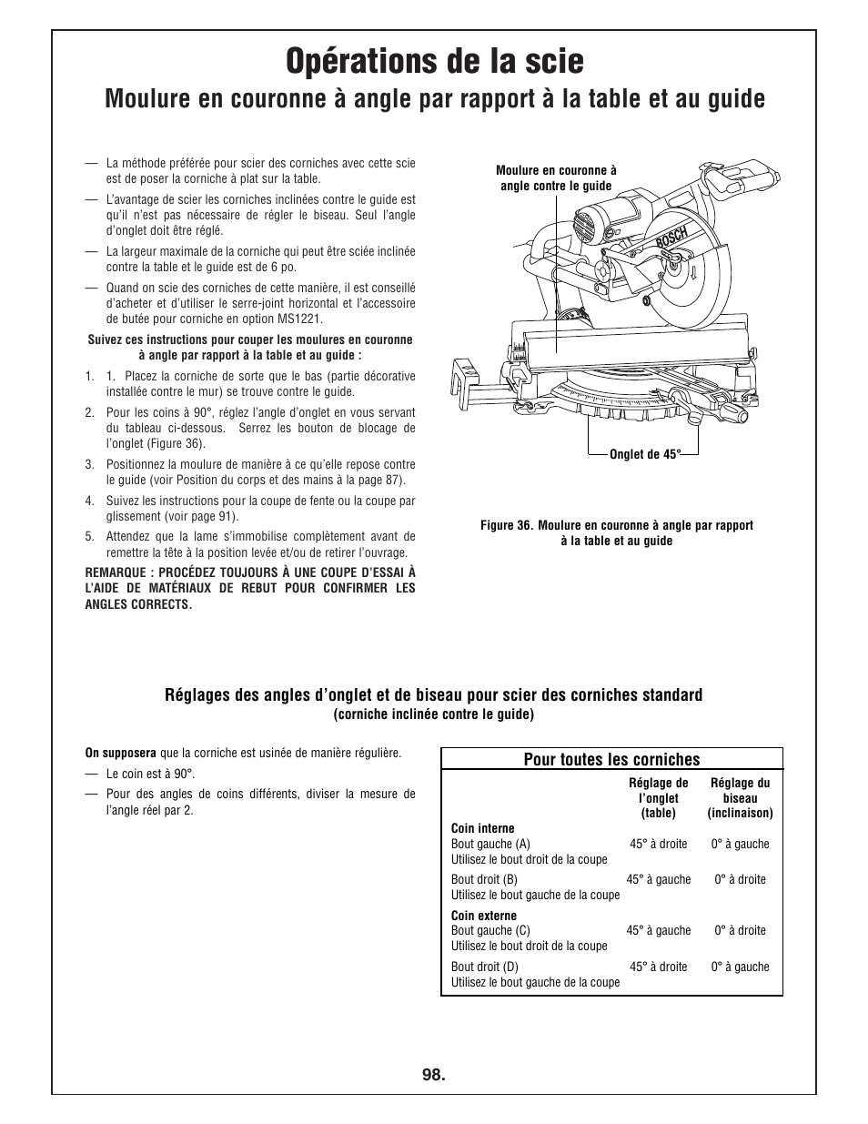 Opérations de la scie | Bosch 4412 User Manual | Page 98 / 104