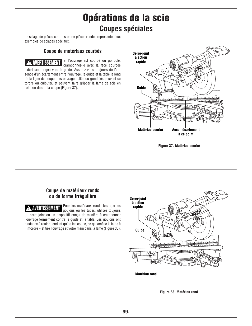 Opérations de la scie, Coupes spéciales, Avertissement | Bosch 4412 User Manual | Page 99 / 104