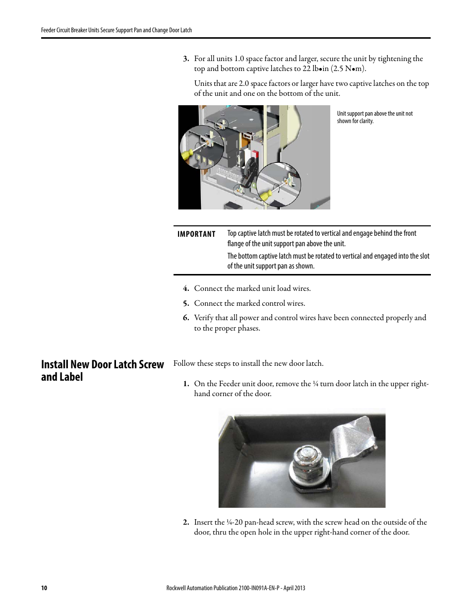 Install new door latch screw and label | Rockwell Automation 2100M Feeder Circuit Breaker Units Secure Support Pan and ChangeDoor Latch User Manual | Page 10 / 12