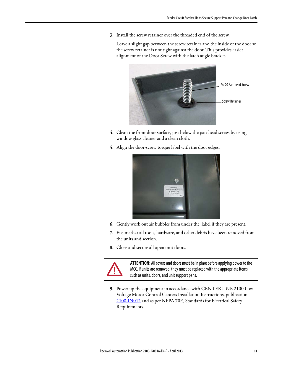 Rockwell Automation 2100M Feeder Circuit Breaker Units Secure Support Pan and ChangeDoor Latch User Manual | Page 11 / 12