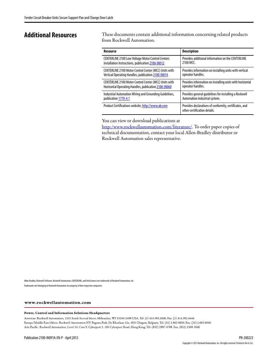 Additional resources, Back cover | Rockwell Automation 2100M Feeder Circuit Breaker Units Secure Support Pan and ChangeDoor Latch User Manual | Page 12 / 12