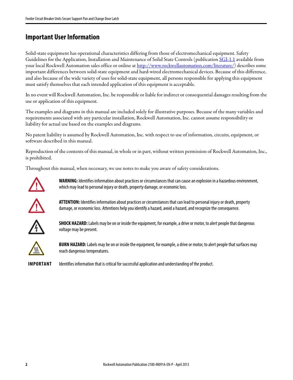 Important user information | Rockwell Automation 2100M Feeder Circuit Breaker Units Secure Support Pan and ChangeDoor Latch User Manual | Page 2 / 12
