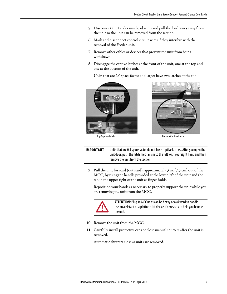 Rockwell Automation 2100M Feeder Circuit Breaker Units Secure Support Pan and ChangeDoor Latch User Manual | Page 5 / 12