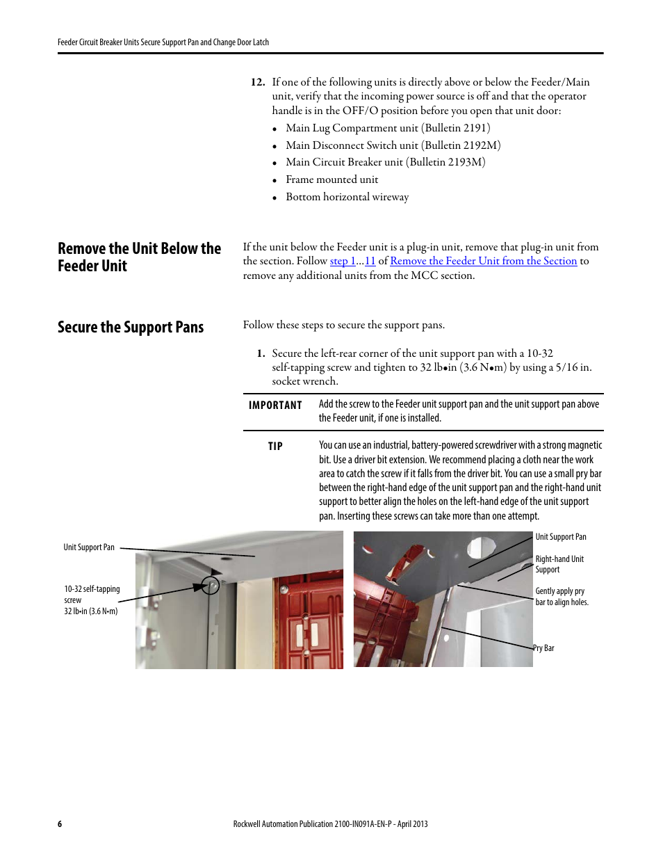 Remove the unit below the feeder unit, Secure the support pans | Rockwell Automation 2100M Feeder Circuit Breaker Units Secure Support Pan and ChangeDoor Latch User Manual | Page 6 / 12