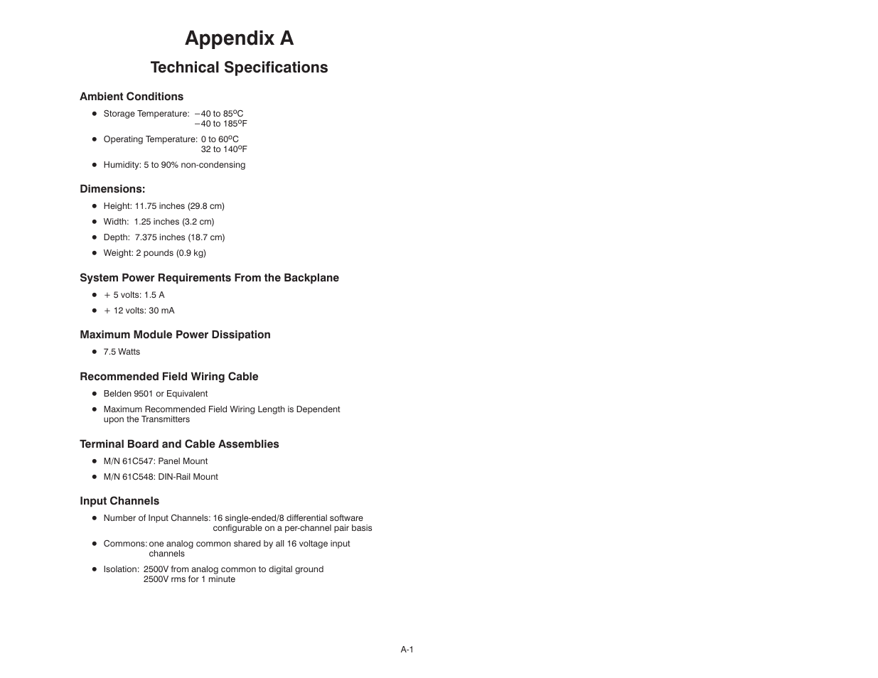 A technical specifications, Appendix a, Technical specifications | Rockwell Automation 61C542 Voltage Input module User Manual | Page 51 / 68