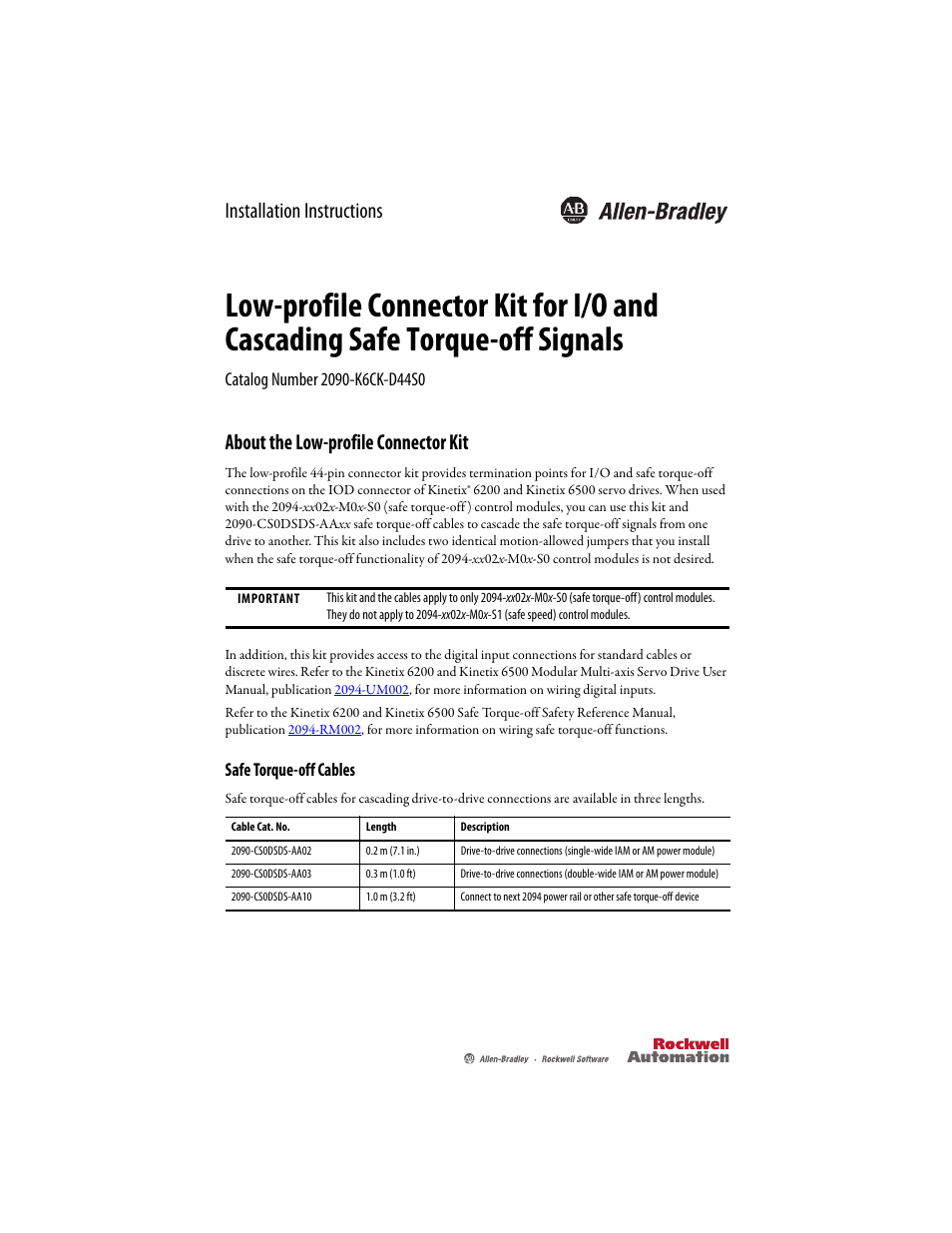 Rockwell Automation 2090-CS0DSDS-AAxx Low-profile Connector Kit for Cascading Safe Torque-off Signals User Manual | 4 pages