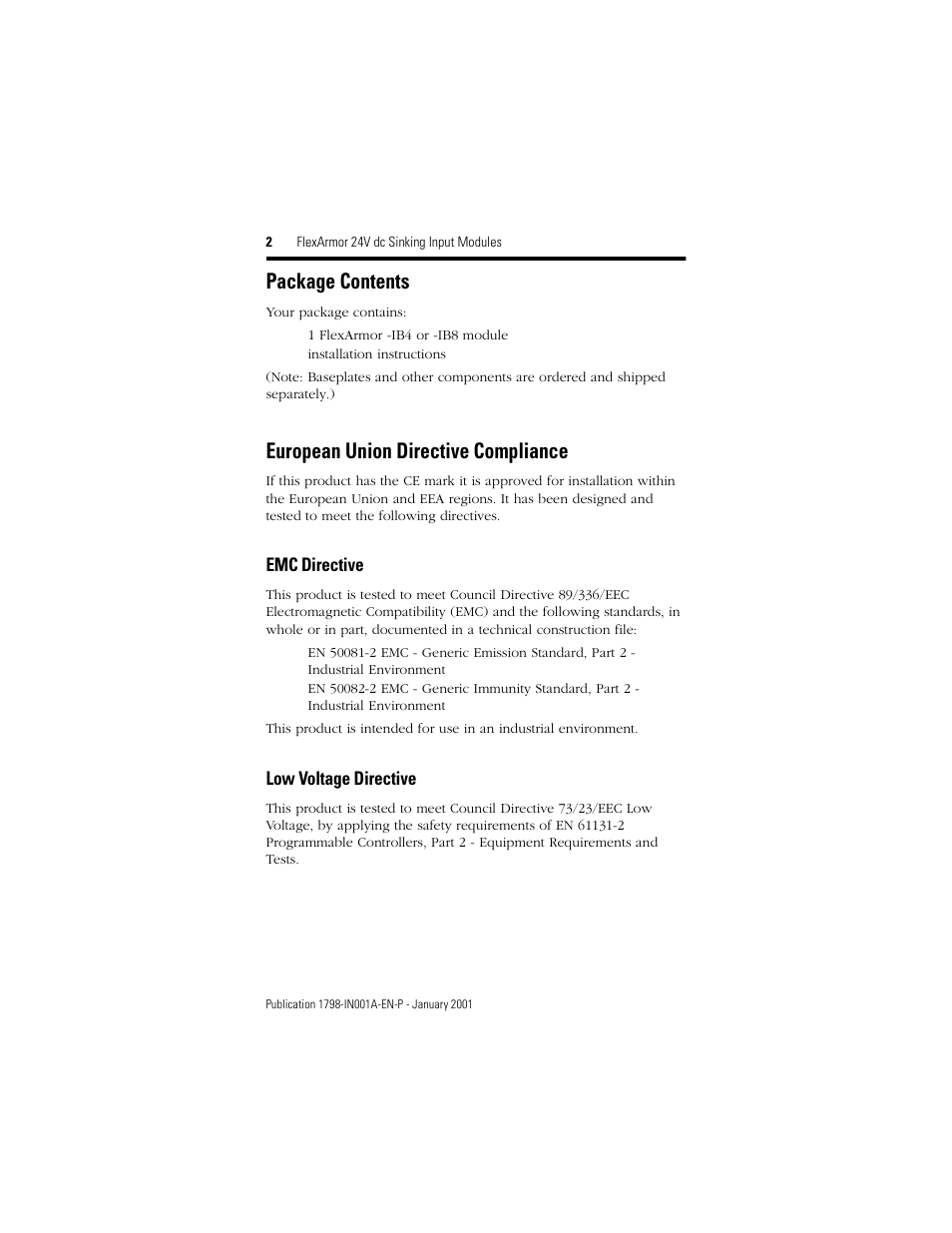 Package contents, European union directive compliance | Rockwell Automation 1798-IB8 FlexArmor 24V dc Sinking Input Modules User Manual | Page 2 / 12
