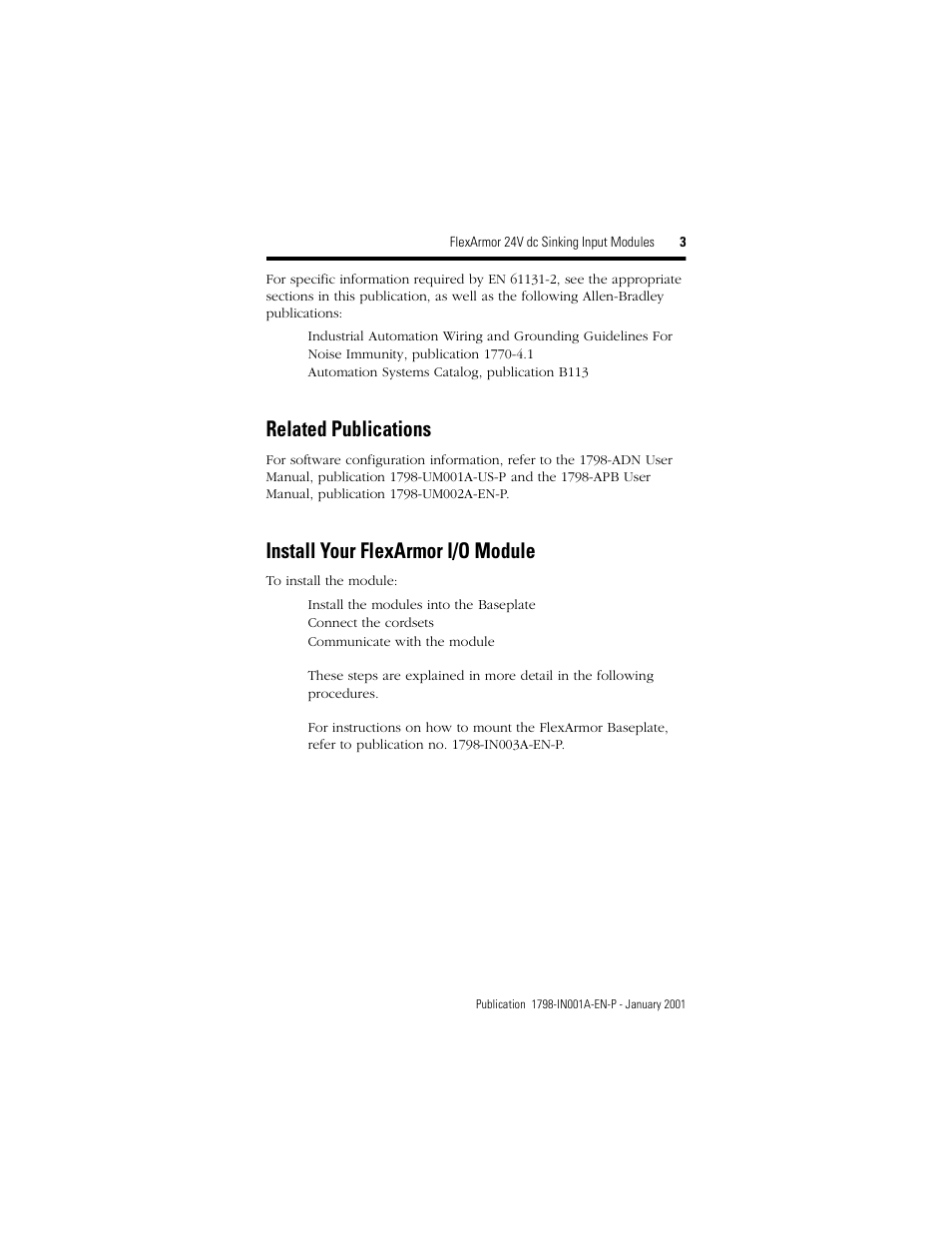 Related publications, Install your flexarmor i/o module | Rockwell Automation 1798-IB8 FlexArmor 24V dc Sinking Input Modules User Manual | Page 3 / 12