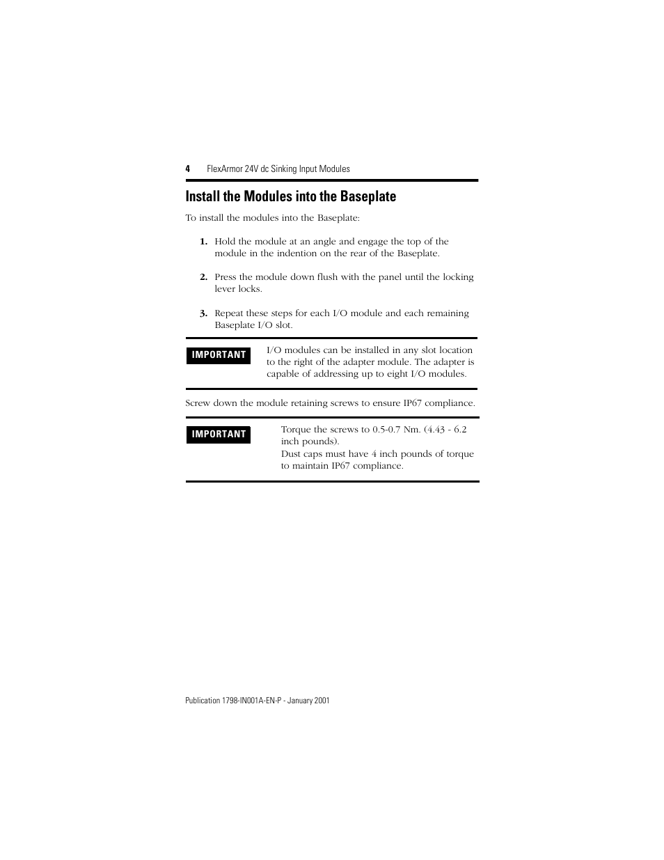 Install the modules into the baseplate | Rockwell Automation 1798-IB8 FlexArmor 24V dc Sinking Input Modules User Manual | Page 4 / 12