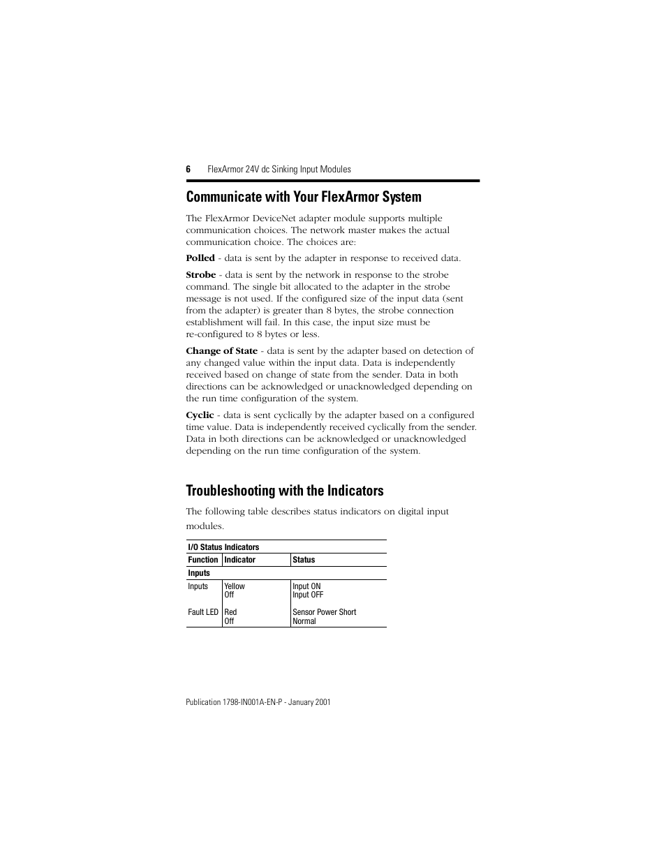 Communicate with your flexarmor system, Troubleshooting with the indicators | Rockwell Automation 1798-IB8 FlexArmor 24V dc Sinking Input Modules User Manual | Page 6 / 12