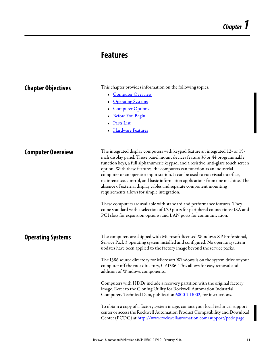 1 - features, Chapter objectives, Computer overview | Operating systems, Chapter 1, Features, Chapter | Rockwell Automation 6180P-xxxx Integrated Display Computers with Keypad User Manual User Manual | Page 11 / 68