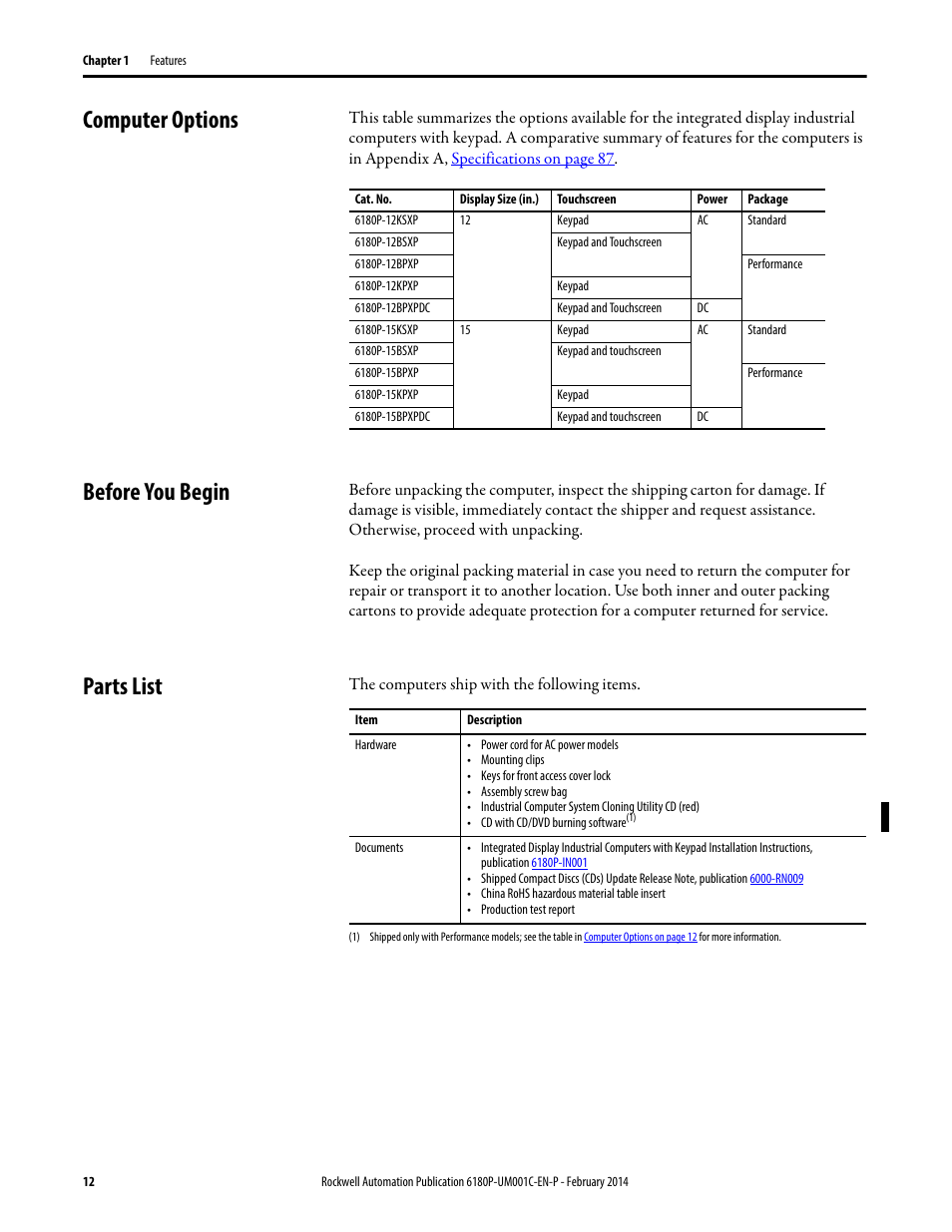 Computer options, Before you begin, Parts list | Computer options before you begin parts list | Rockwell Automation 6180P-xxxx Integrated Display Computers with Keypad User Manual User Manual | Page 12 / 68