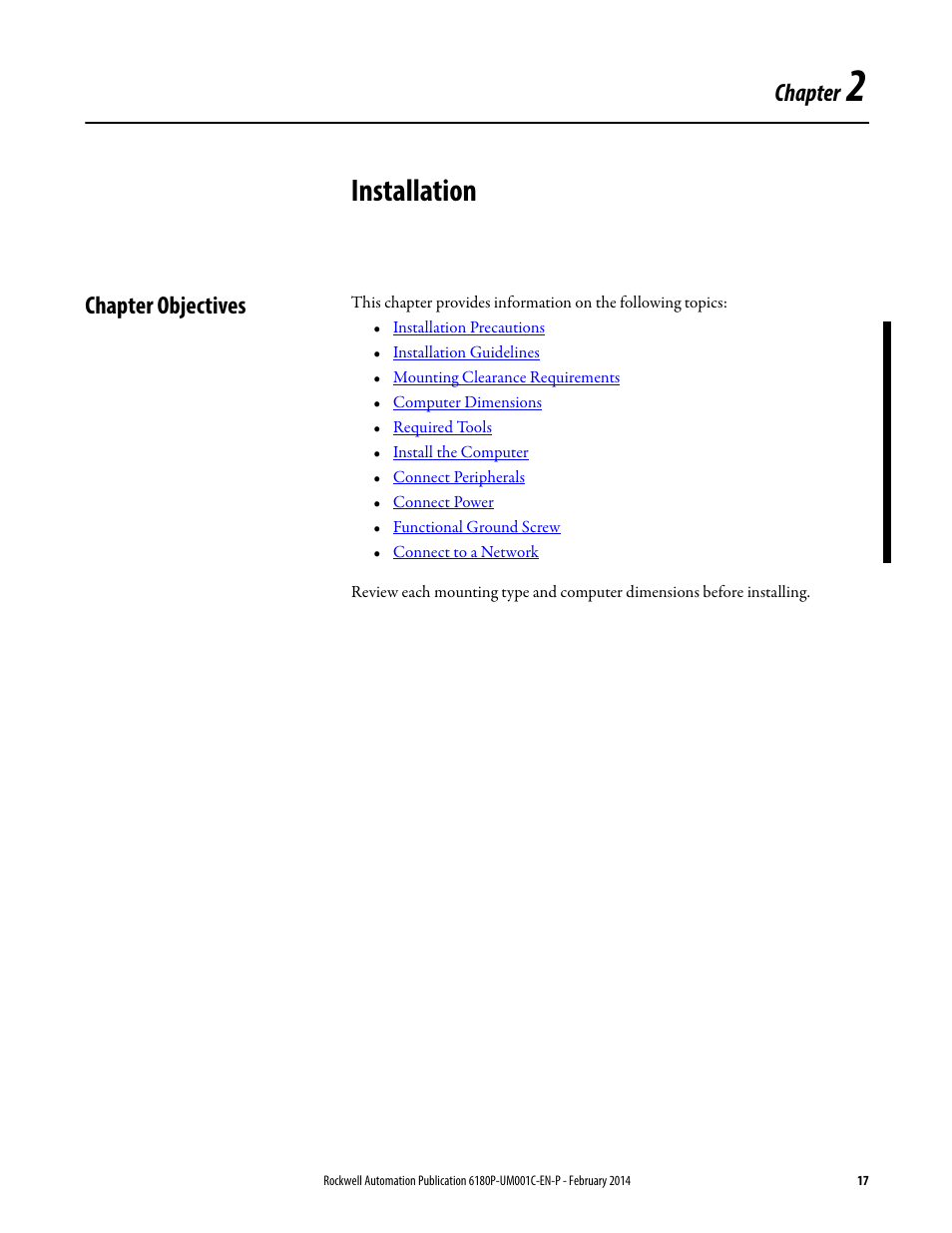 2 - installation, Chapter objectives, Chapter 2 | Installation, Chapter | Rockwell Automation 6180P-xxxx Integrated Display Computers with Keypad User Manual User Manual | Page 17 / 68