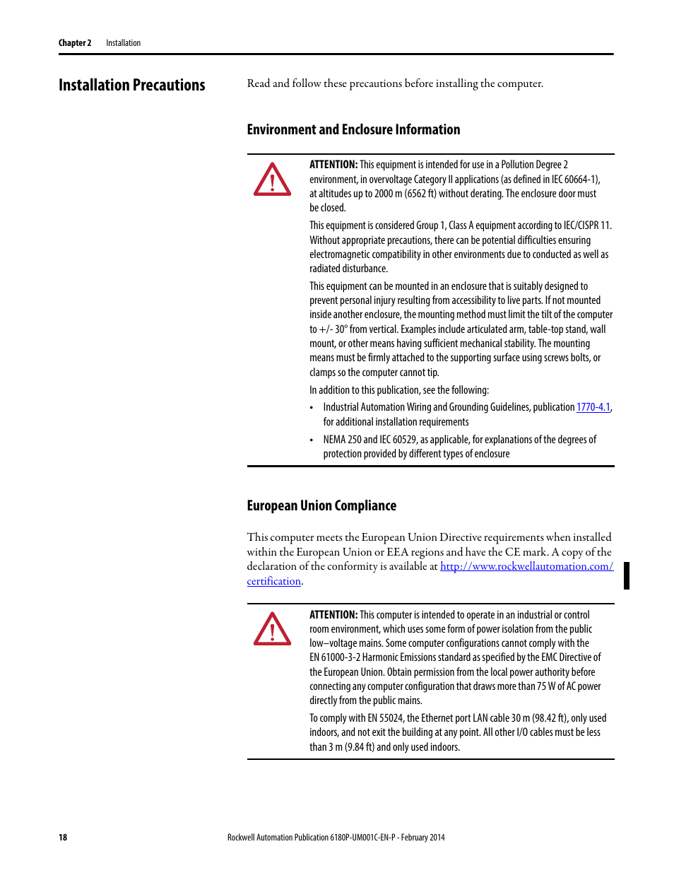 Installation precautions, Environment and enclosure information, European union compliance | Rockwell Automation 6180P-xxxx Integrated Display Computers with Keypad User Manual User Manual | Page 18 / 68